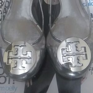 Tory Burch metallic silver and clear loafers